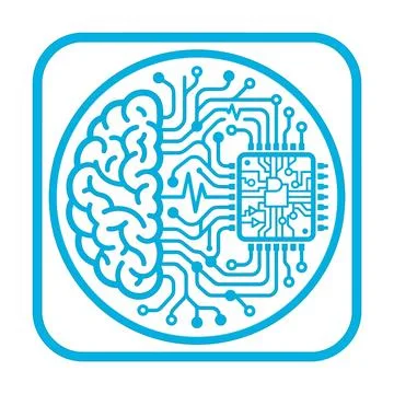 Blue line art brain and microchip fusion icon in rounded square background. 스톡 일러스트