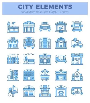 Blue line art city element icons. including buildings. vehicles. and street.. Stock Illustration