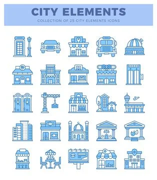 Blue line art city elements icons on white background. Stock Illustration