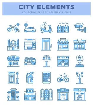 Blue line art city elements icons. isolated on white. Illustrazione stock