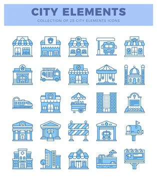 Blue line art city elements icons in a grid format. Ilustración de archivo