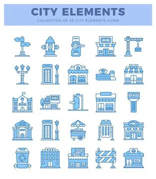 Blue line art city elements icons. featuring buildings and urban services. .. Stockillustratie