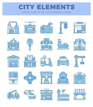 Blue line art city elements and icons on white background. Stock Illustration