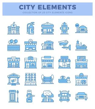 Blue line art city elements icons. 스톡 일러스트