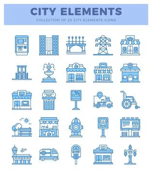 Blue line art city elements icons on a white background. Illustrazione stock