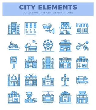 A blue line art city elements icons for graphic design. Illustration