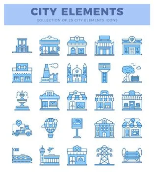 Blue line art city elements icons. presented on a white background. Illustrazione stock