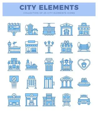Blue line art city elements icons on white background. Illustrazione stock