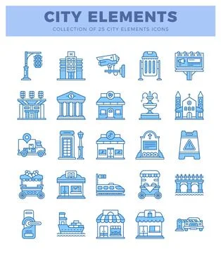 Blue line art city elements icons on white background. Illustrazione stock