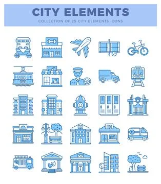Blue line art city elements icons on white background Stockillustratie