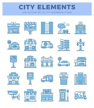 Blue line art city elements icons with white background. Stock Illustration