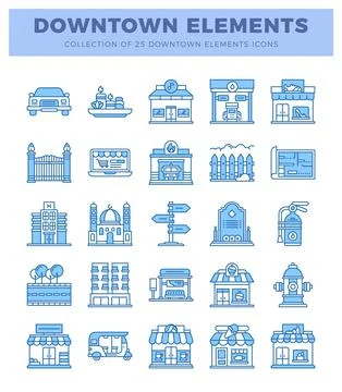 Blue line art downtown element icons on white background. Stock Illustration