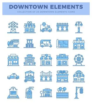 Blue line art downtown elements. icons for urban design and navigation. イラスト素材