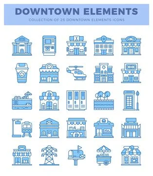Blue line art downtown elements collection 스톡 일러스트