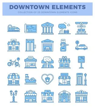 Blue line art downtown elements icons collection. vector illustrations. 스톡 일러스트