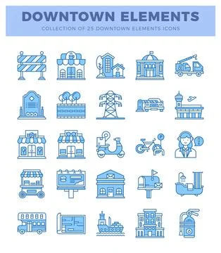 Blue line art downtown elements icons on white background. Illustrazione stock