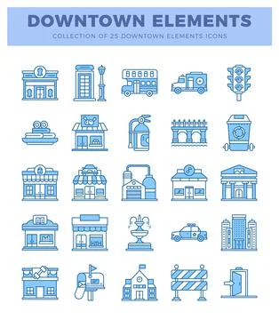 Blue line art downtown elements icons on white background. Stock Illustration