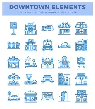 Blue line art downtown elements icons collection. Buildings. vehicles. serv.. イラスト素材