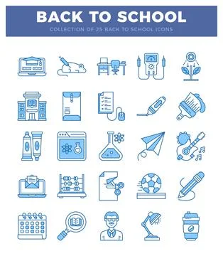 Blue line art icons for back to school with educational and artistic elemen.. Ilustración de archivo