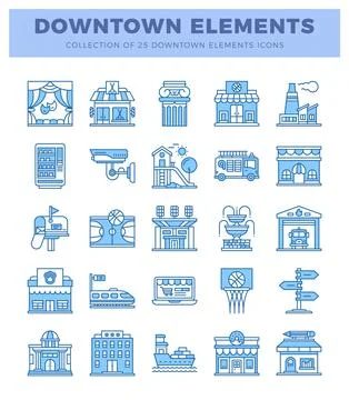 Blue line art icons representing downtown elements. Illustrazione stock