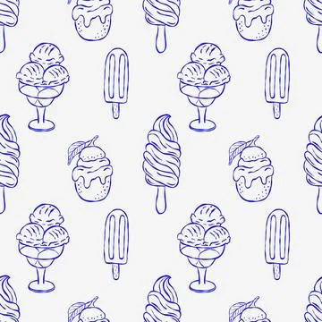 Blue line art pattern featuring ice cream treats on neutral backdrop Stock Illustration