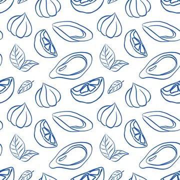 Blue Line Art Seafood Pattern Stock Illustration