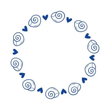 Blue line art seashell and heart round frame wreath for nautical wedding Stock-Illustration