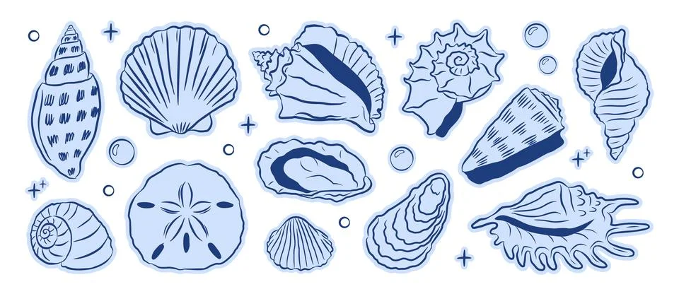 Blue line art seashell vector set with oysters and bubbles イラスト素材