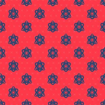 Blue line Atom icon isolated seamless pattern on red background. Symbol of イラスト素材