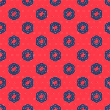 Blue line Atom icon isolated seamless pattern on red background. Symbol of Stock Illustration
