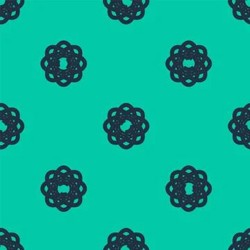 Blue line Atom icon isolated seamless pattern on green background. Symbol of Illustrazione stock