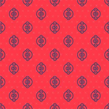 Blue line Atom icon isolated seamless pattern on red background. Symbol of Illustrazione stock