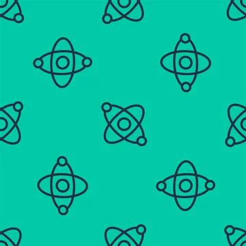 Blue line Atom icon isolated seamless pattern on green background. Symbol of Illustrazione stock