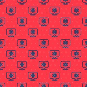 Blue line Atom icon isolated seamless pattern on red background. Symbol of Stock Illustration
