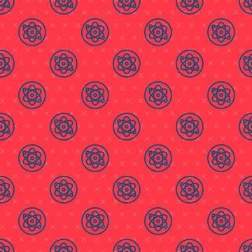 Blue line Atom icon isolated seamless pattern on red background. Symbol of 스톡 일러스트