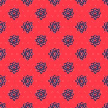 Blue line Atom icon isolated seamless pattern on red background. Symbol of .. Stock Illustration