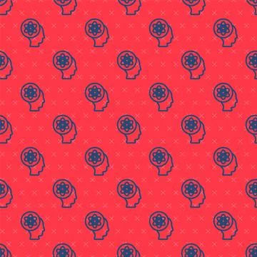 Blue line Atom icon isolated seamless pattern on red background. Symbol of .. Stock Illustration
