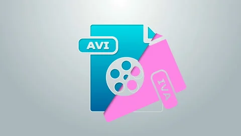 Blue line AVI file document. Download avi button icon isolated on grey Stock Footage 145098155
