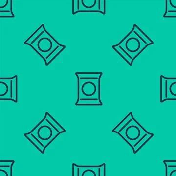 Blue line Bag or packet potato chips icon isolated seamless pattern on green Stock Illustration