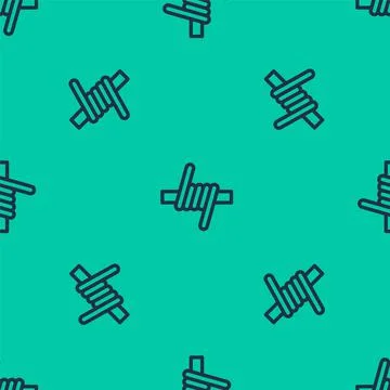 Blue line Barbed wire icon isolated seamless pattern on green background. Vector Illustrazione stock