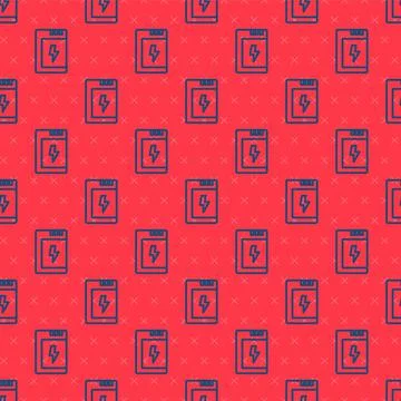 Blue line Battery for camera icon isolated seamless pattern on red background Illustrazione stock