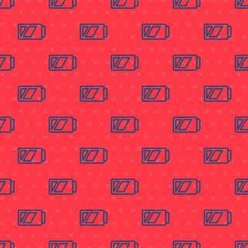 Blue line Battery for camera icon isolated seamless pattern on red background Illustrazione stock