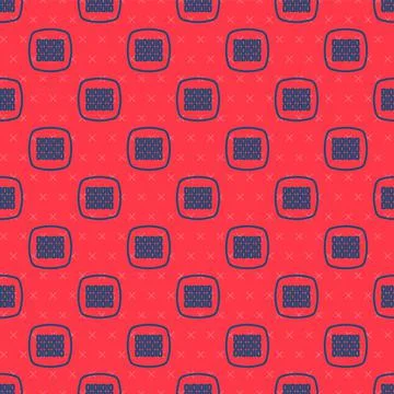 Blue line Binary code icon isolated seamless pattern on red background.  Vect Stock Illustration