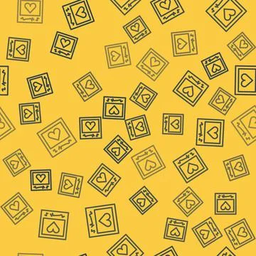 Blue line Blanks photo frames and hearts icon isolated seamless pattern on ye Stock Illustration