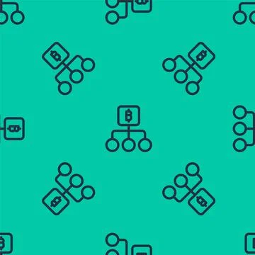 Blue line Blockchain technology Bitcoin icon isolated seamless pattern on green 库存插图
