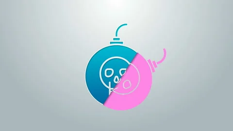 Blue line Bomb ready to explode icon isolated on grey background. Happy Stock Footage 145107585