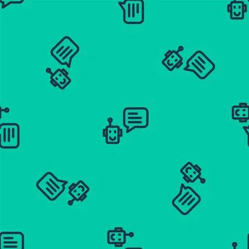Blue line Bot icon isolated seamless pattern on green background. Robot icon Stock Illustration