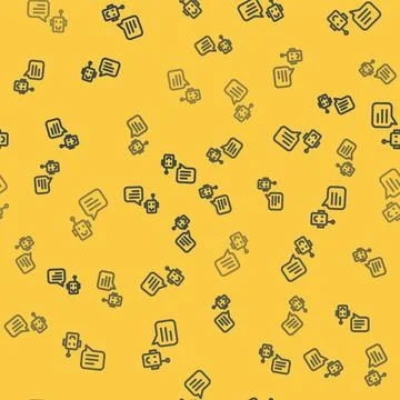 Blue line Bot icon isolated seamless pattern on yellow background. Robot icon Stock Illustration