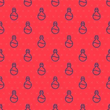Blue line Bottle with love potion icon isolated seamless pattern on red bac.. Stock Illustration