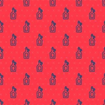 Blue line Bottle of maple syrup icon isolated seamless pattern on red backgro Stock Illustration